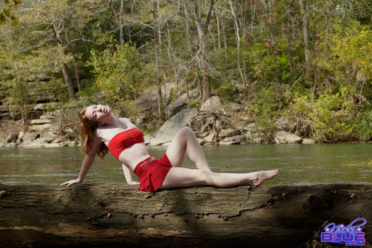 Naughty Little Redhead Nicki Blue Flashes Her Dainty Boobs and Soaks Her Saturated Lace Underwear in the Stream - Nicki Blue