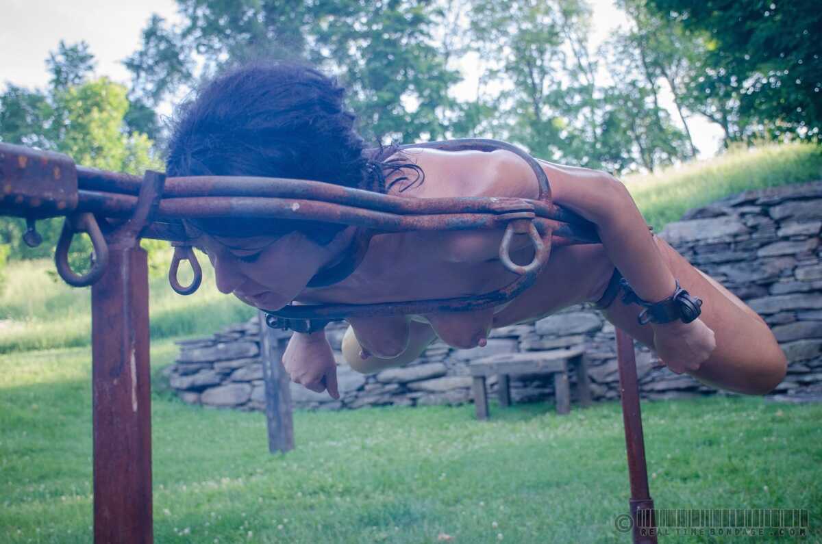 Bound and Gagged in the Yard: London River's MILF Pussy on Display for Your Pleasure - London River