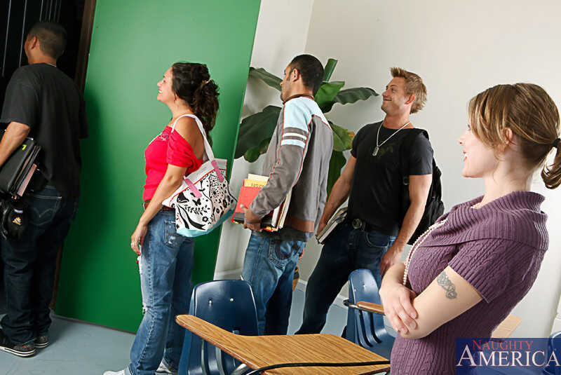 Horny teacher Velicity Von sucks and fucks her young student's cock in the classroom after hours - Velicity Von