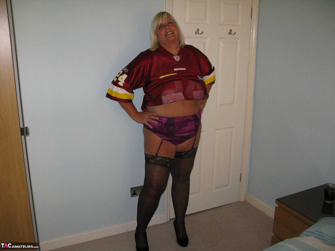 Fat older blonde Chrissy Uk spreads her nylon-covered snatch on a bed for your viewing pleasure. - Chrissy Uk
