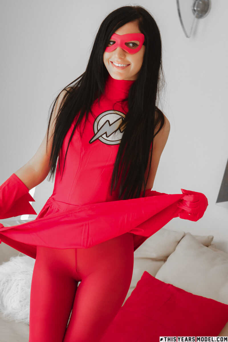 Brunette amateur Catie Minx frees her landing strip pussy from a cute outfit and reveals her costume pussy in skinny panty...