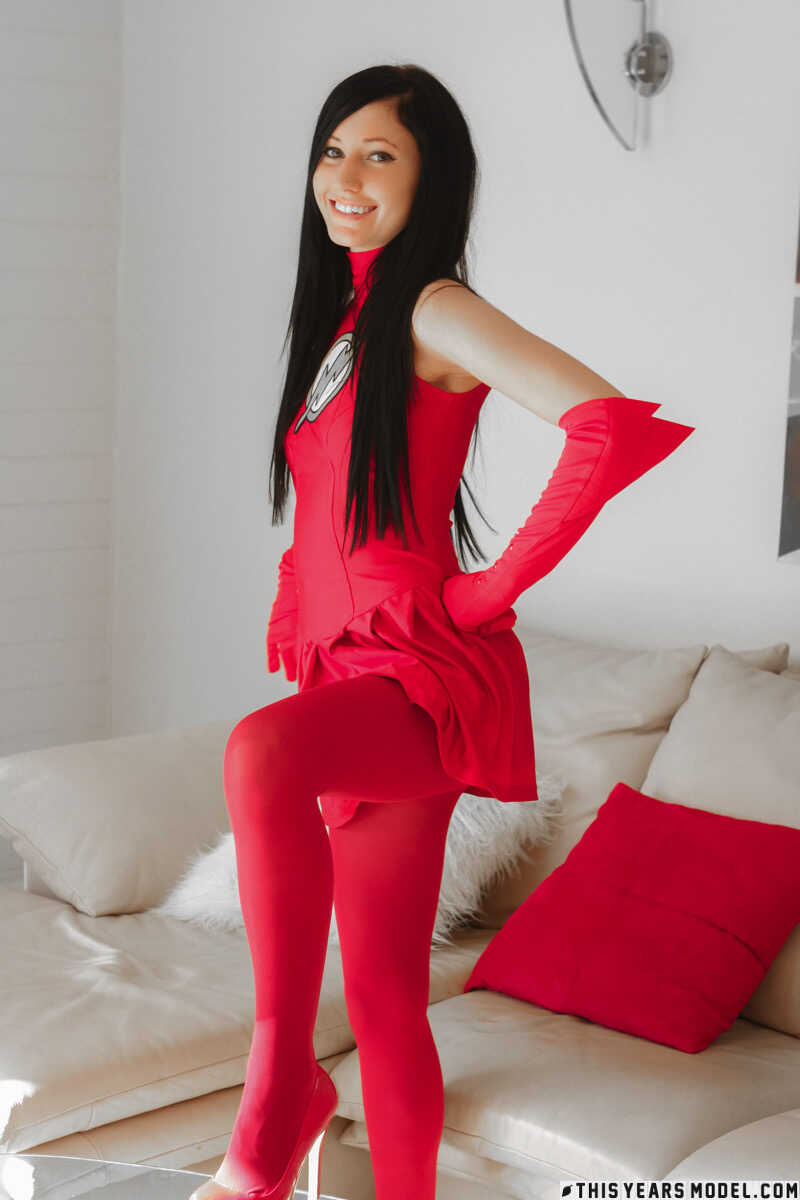 Brunette amateur Catie Minx frees her landing strip pussy from a cute outfit and reveals her costume pussy in skinny panty...