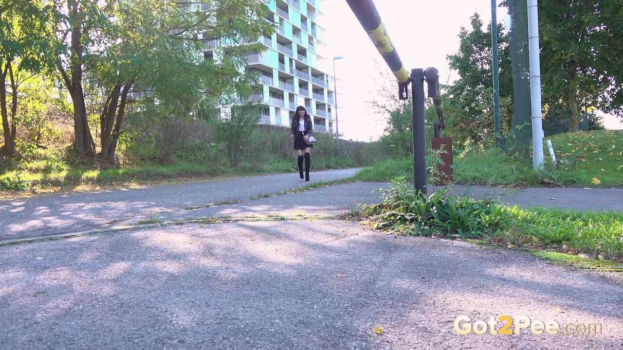 Public Urination with Katy Rose Over The Knee Boots and a Leaking Bladder! 