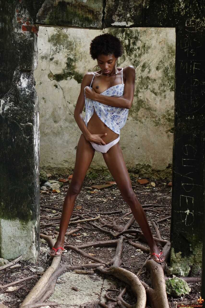 Long Legged Jess in Abandoned Building Exposes her Black Tits and Bush - Jess