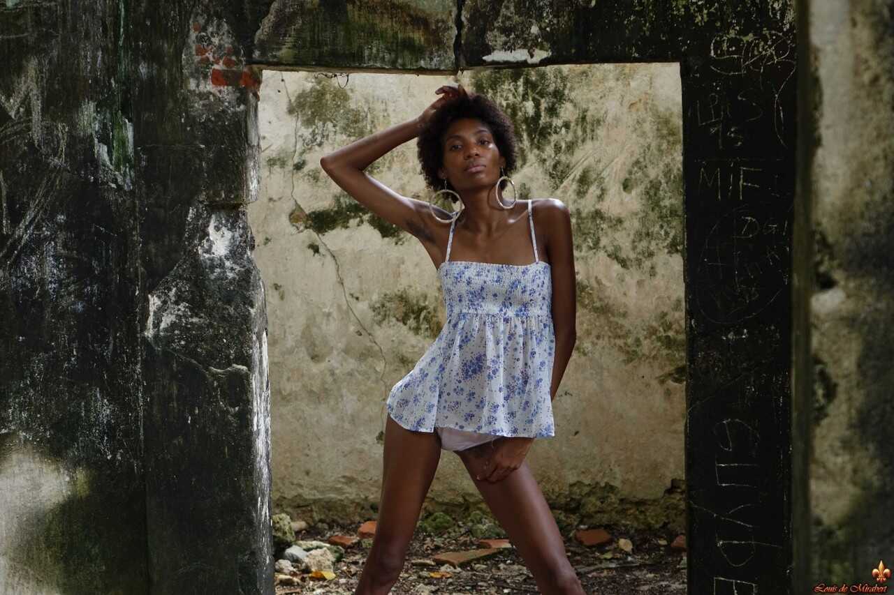 Long Legged Jess in Abandoned Building Exposes her Black Tits and Bush - Jess