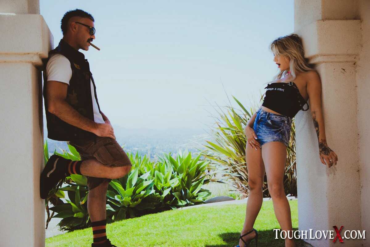 Sexy blonde Harmony Rivers teases a biker outdoors before they fuck inside - Harmony Rivers