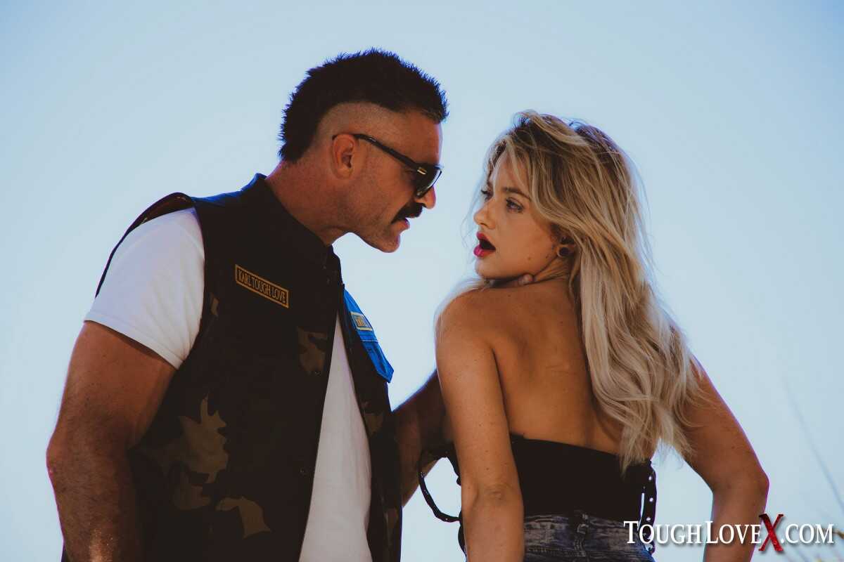 Sexy blonde Harmony Rivers teases a biker outdoors before they fuck inside - Harmony Rivers