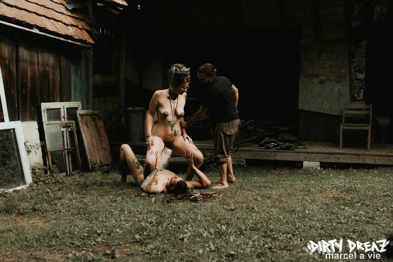 Tatted Girls Take a Pee Break on a Nude Man’s Face Outside a House