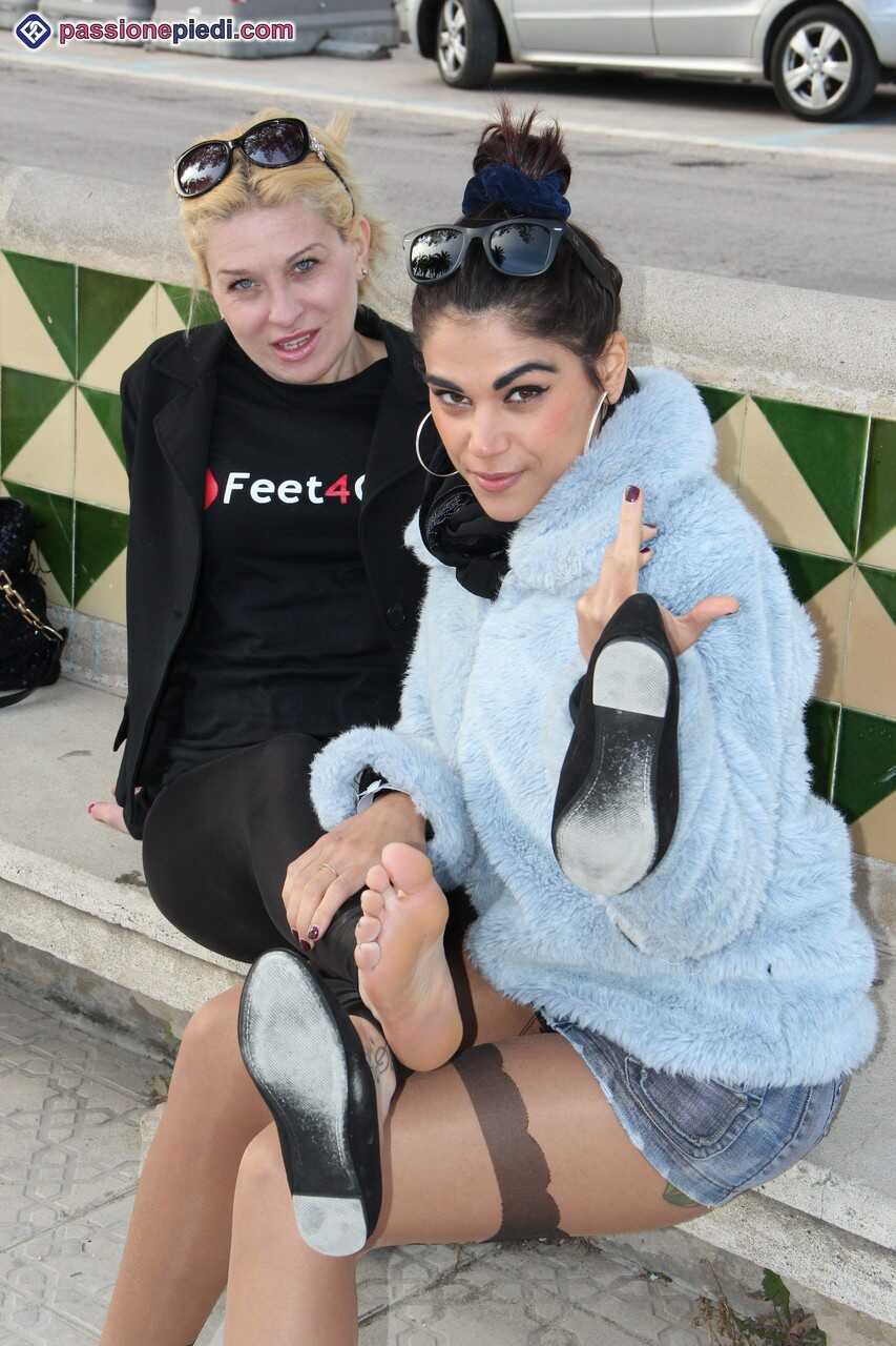 Clothed Females Chiara and Monique Free Their Feet from Footwear Turn Into a Lesbian Duo of Sensual Feet in Tiny Pantyhose...