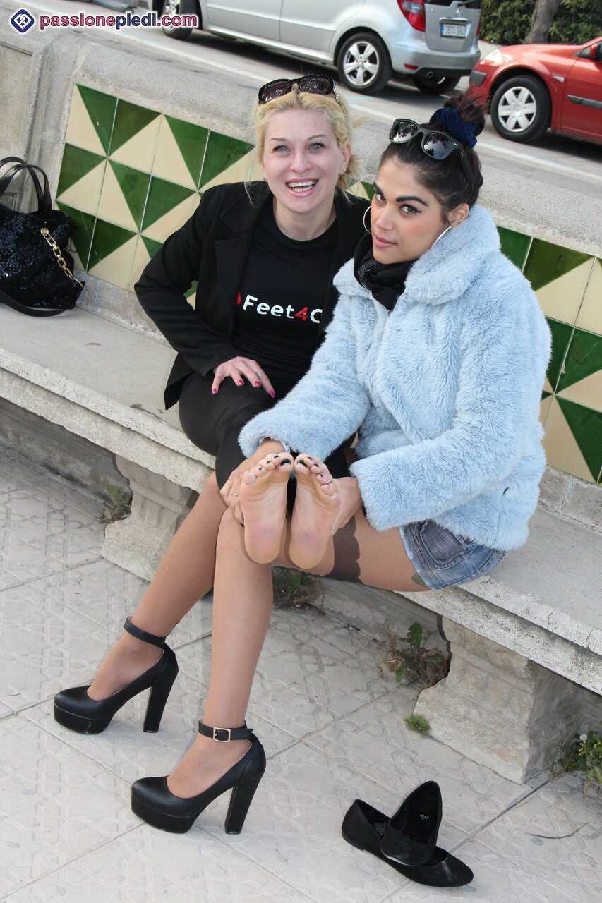 Clothed Females Chiara and Monique Free Their Feet from Footwear Turn Into a Lesbian Duo of Sensual Feet in Tiny Pantyhose...