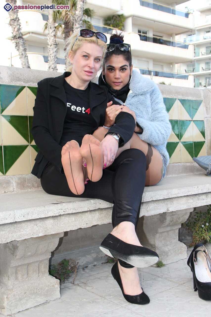 Clothed Females Chiara and Monique Free Their Feet from Footwear Turn Into a Lesbian Duo of Sensual Feet in Tiny Pantyhose...