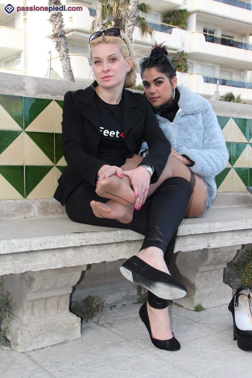 Clothed Females Chiara and Monique Free Their Feet from Footwear Turn Into a Lesbian Duo of Sensual Feet in Tiny Pantyhose...