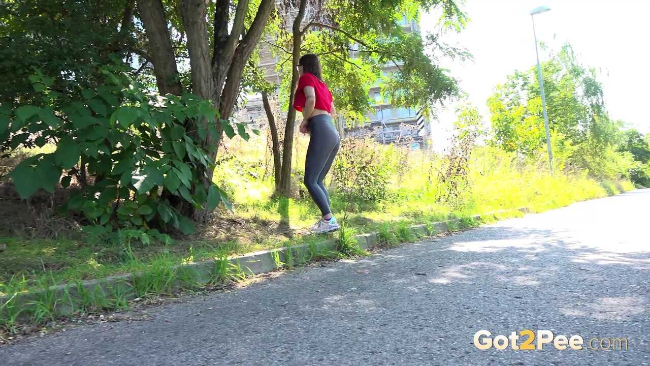 Sultry Solo Barbara Bieber Takes a Public Piss by the Roadside - Barbara Bieber