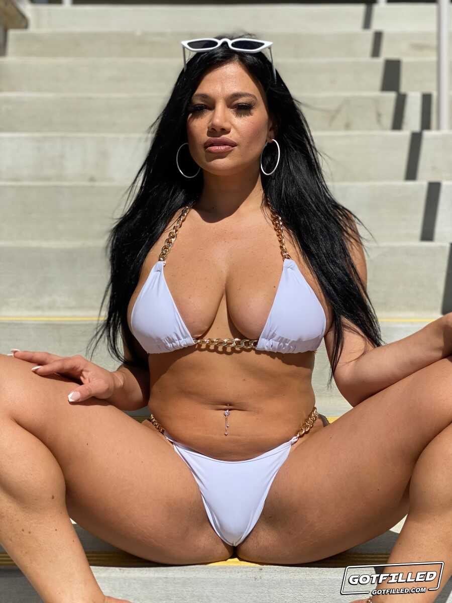 Brunette chick Mona Azar models a bikini before tossing the salad and fucking her tight pink pussy - Mona Azar