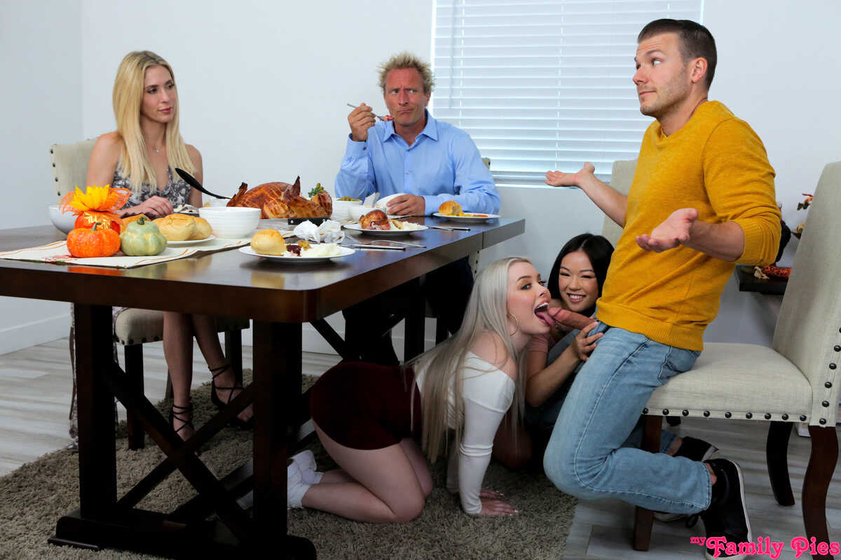 Teen girls Haley Spades and Lulu Chu have a threesome during a family reunion with their bald pussies. - Haley Spades, Lul...