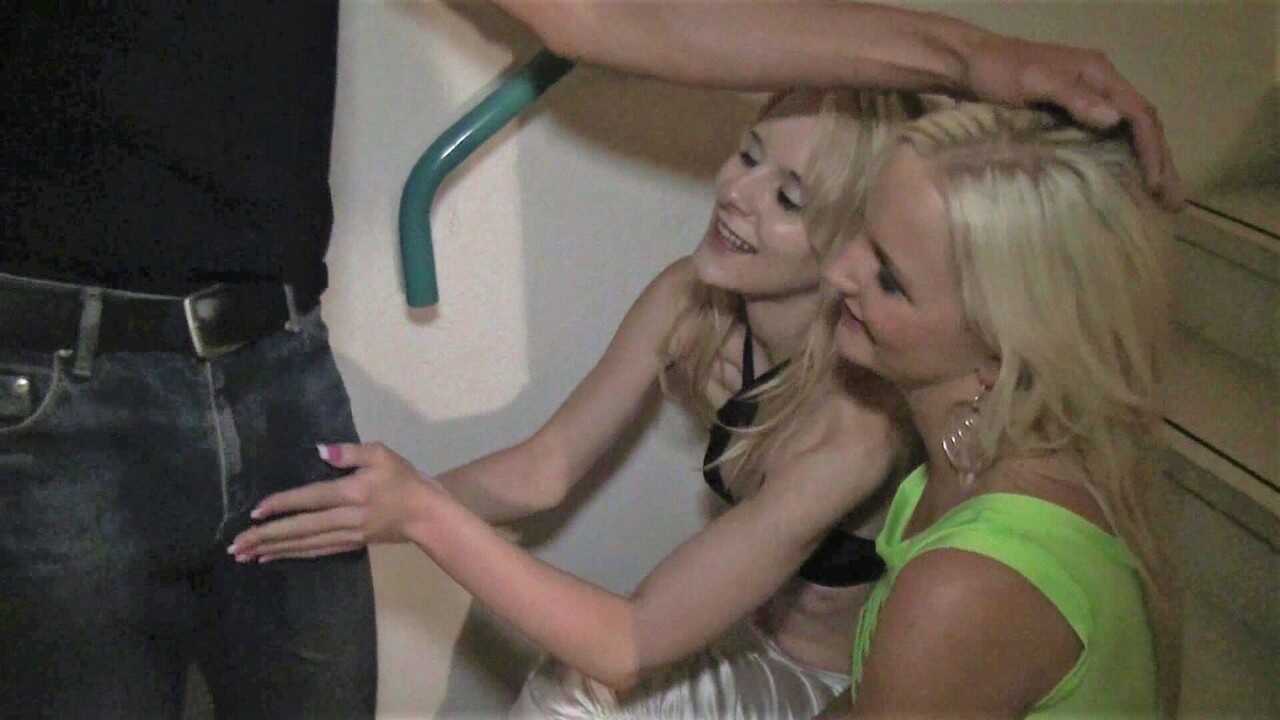 Ashlee Cox takes on two amateur blonde girls in a steamy stairwell threesome - Ashlee Cox