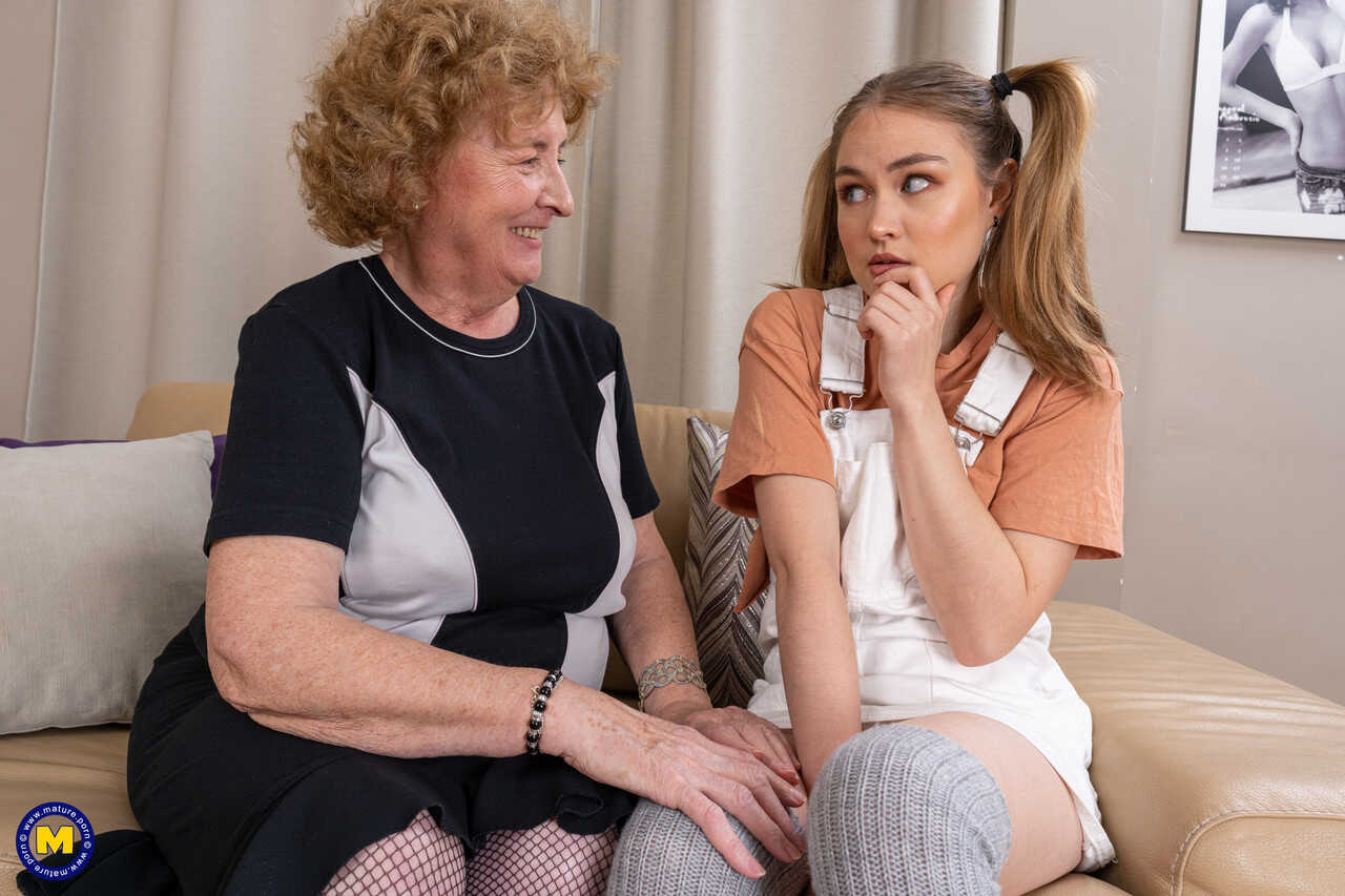 Young Girl's First Time with an Older Woman on a Sofa