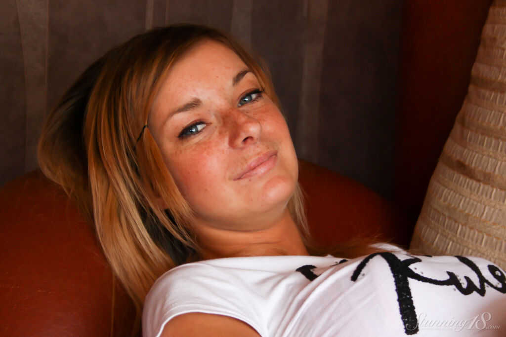 Barely Legal Blonde Ekaterina D Gets Totally Naked upon a Loveseat: Perfect Pussy and Cute Feet Exposed! - Ekaterina D