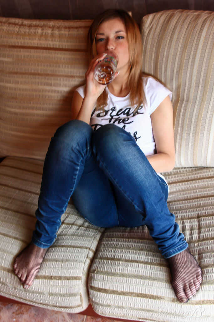 Barely Legal Blonde Ekaterina D Gets Totally Naked upon a Loveseat: Perfect Pussy and Cute Feet Exposed! - Ekaterina D