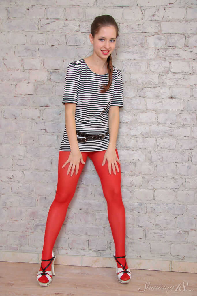 Nelly J's Nylon Nymphomania Pulling Down Red Pantyhose After Going Totally Topless - Nelly J
