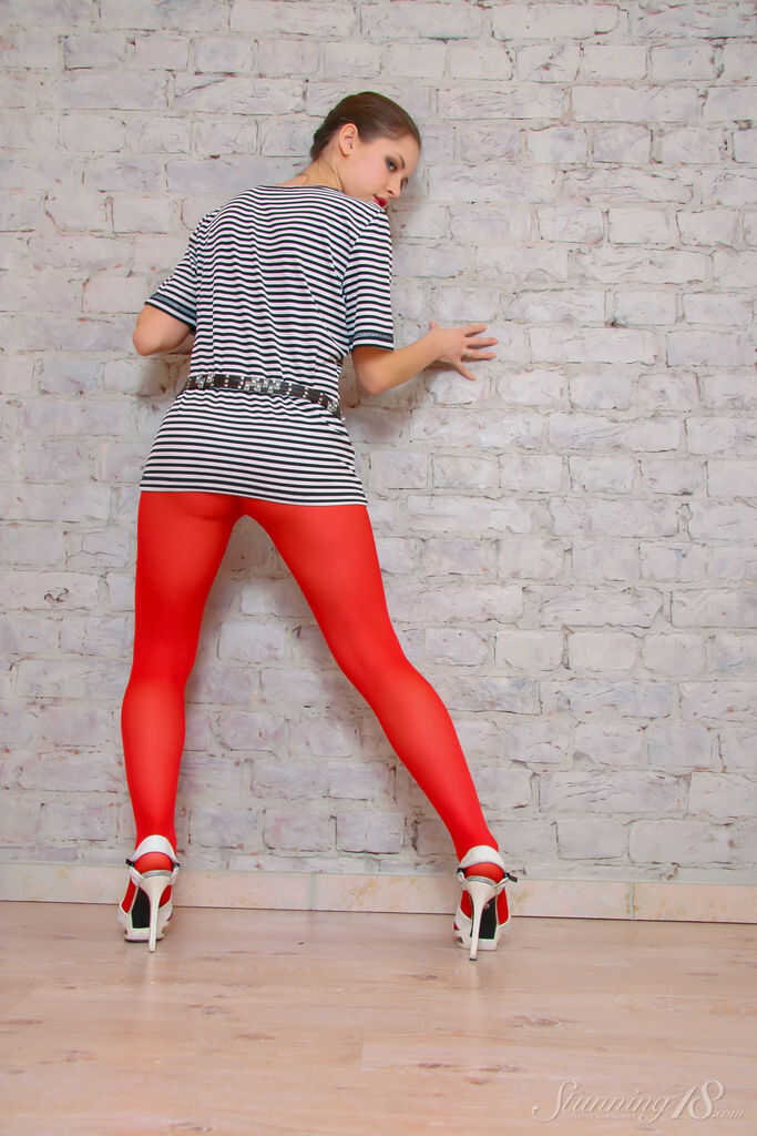 Nelly J's Nylon Nymphomania Pulling Down Red Pantyhose After Going Totally Topless - Nelly J