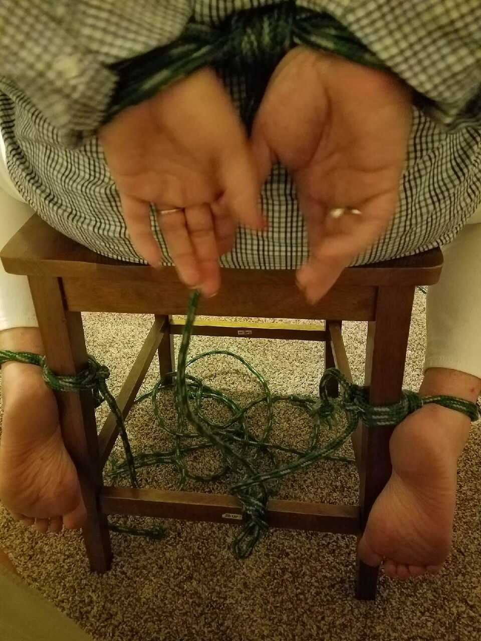 Caught in the act: Pretty Caucasian female's bare feet get spotted while she's tied up and exposed - 
