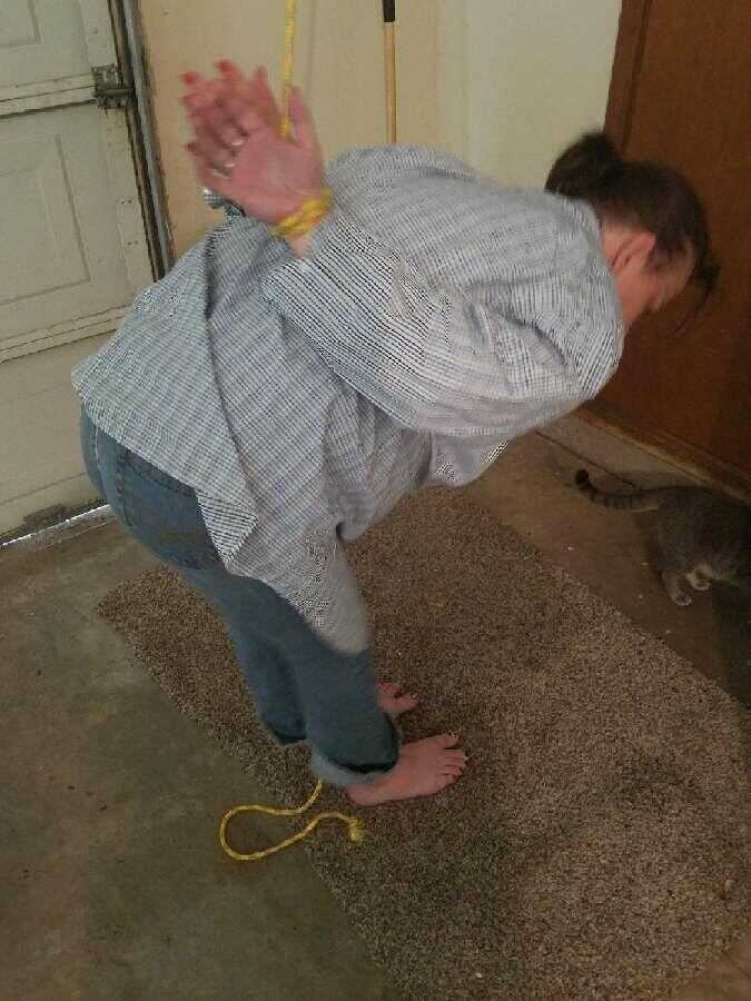 Caught in the act: Pretty Caucasian female's bare feet get spotted while she's tied up and exposed - 
