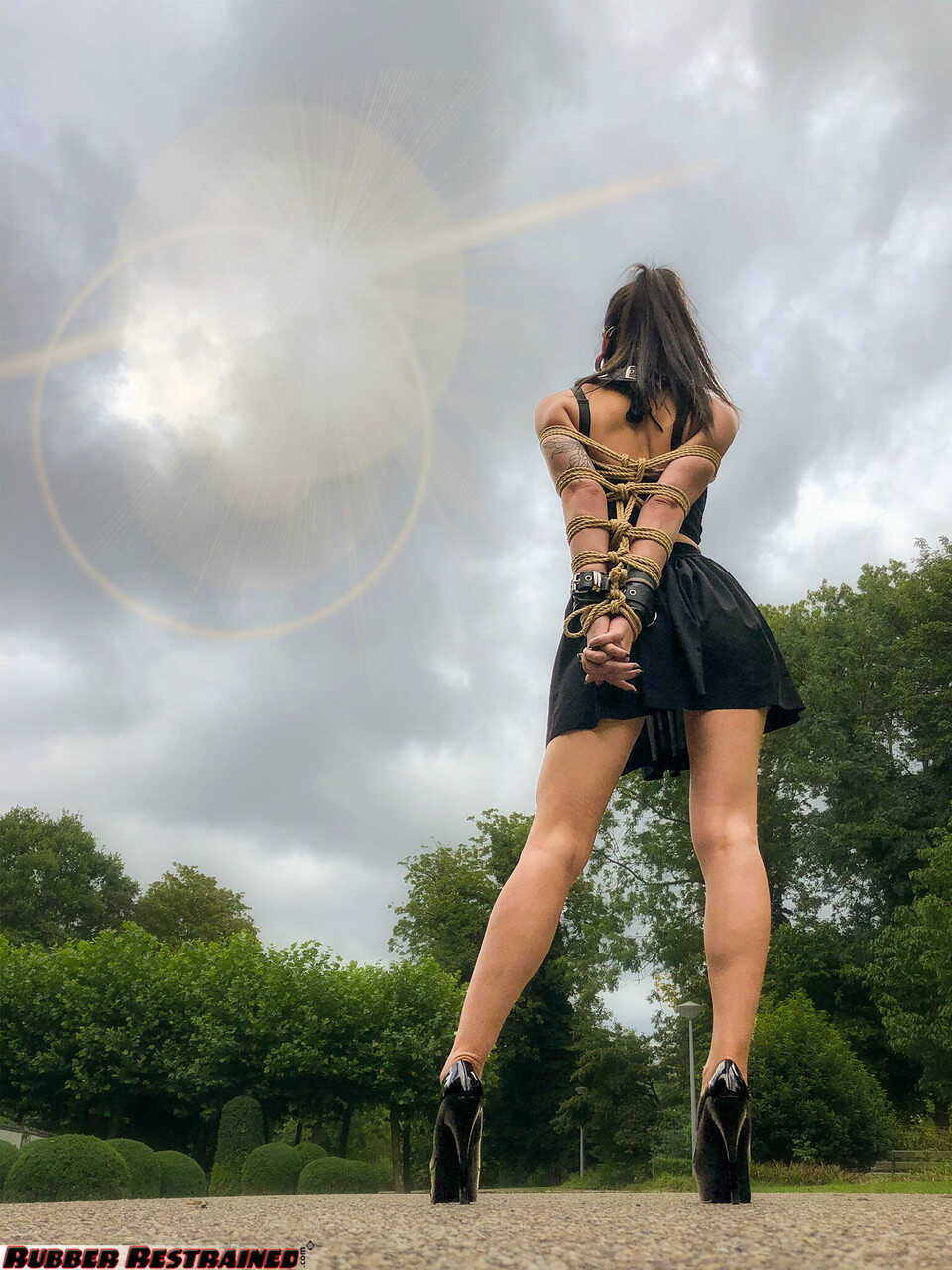 Neck-Collared Asian Flawless Meow in a BDSM Park Scene: Asian BDSM, Outdoor Bondage with High Heels and Glasses - Flawless...