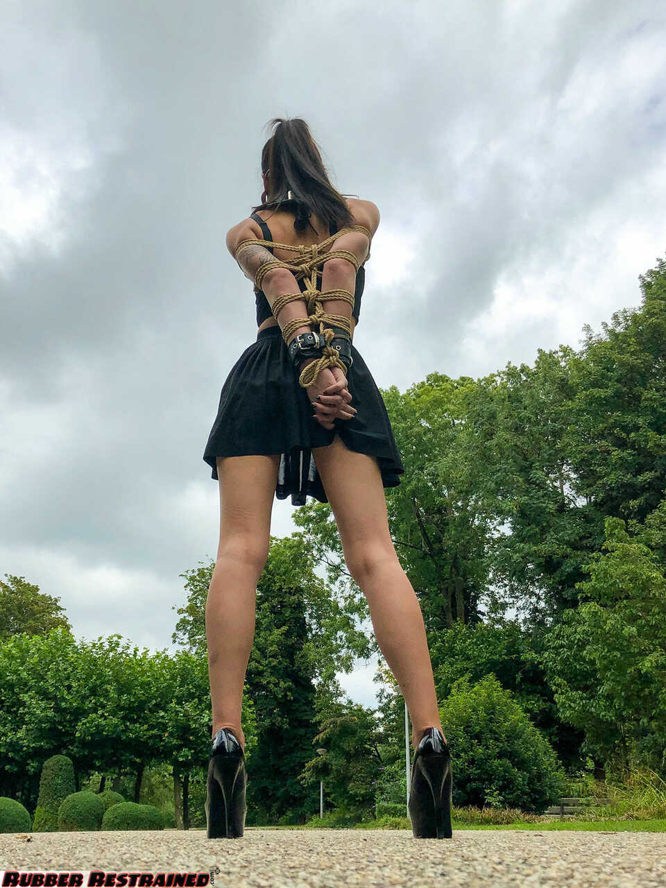 Neck-Collared Asian Flawless Meow in a BDSM Park Scene: Asian BDSM, Outdoor Bondage with High Heels and Glasses - Flawless...
