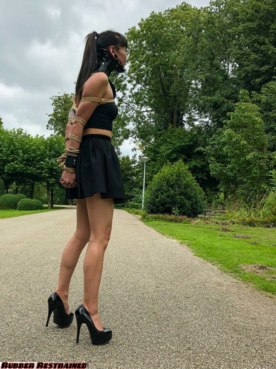 Neck-Collared Asian Flawless Meow in a BDSM Park Scene: Asian BDSM, Outdoor Bondage with High Heels and Glasses - Flawless...