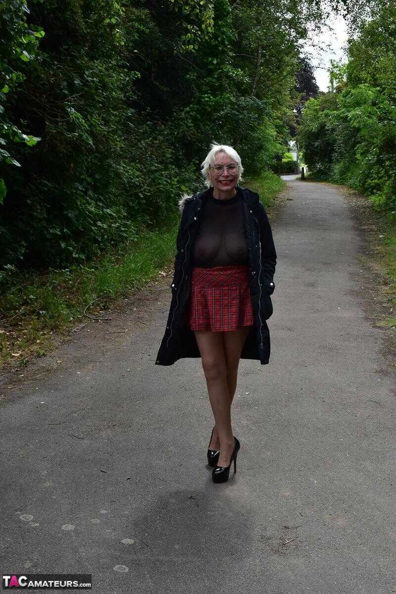 British Mature Barby Slut Flashing Her Shaved Pussy and Saggy Tits in Public Places - Barby Slut