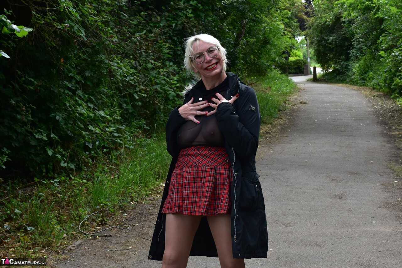 British Mature Barby Slut Flashing Her Shaved Pussy and Saggy Tits in Public Places - Barby Slut