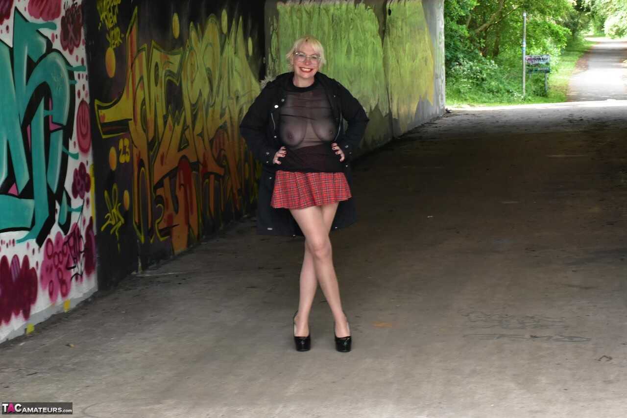 British Mature Barby Slut Flashing Her Shaved Pussy and Saggy Tits in Public Places - Barby Slut