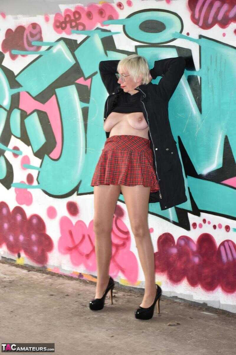 British Mature Barby Slut Flashing Her Shaved Pussy and Saggy Tits in Public Places - Barby Slut