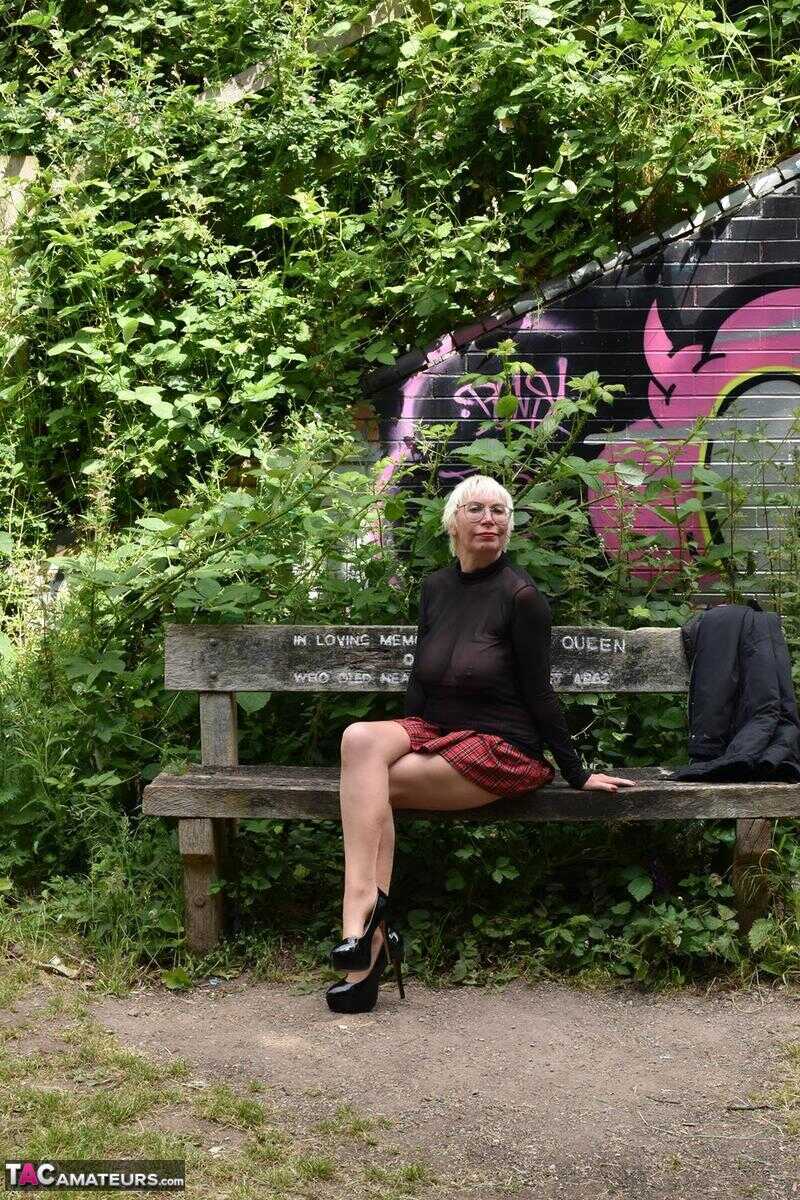 British Mature Barby Slut Flashing Her Shaved Pussy and Saggy Tits in Public Places - Barby Slut