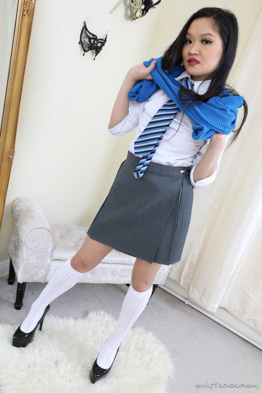 Asian Coed Louisa Lu Shows Off Her White Sock And Heel Fetish In Naughty Uniform Stripping!