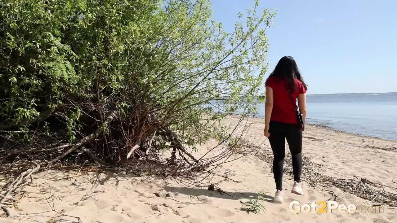 Brunette Girl's Beach Bathroom Break Anarid Pulls Down Leggings For A Golden Shower Pussy Flash - Anarid
