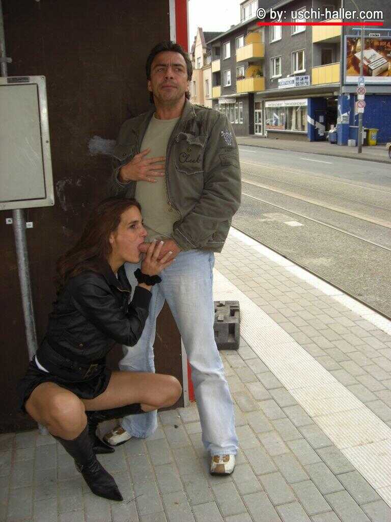 German thigh high boot-loving couple Berichte and Danny have sex on a footpath over a roadway while getting caught in the ...