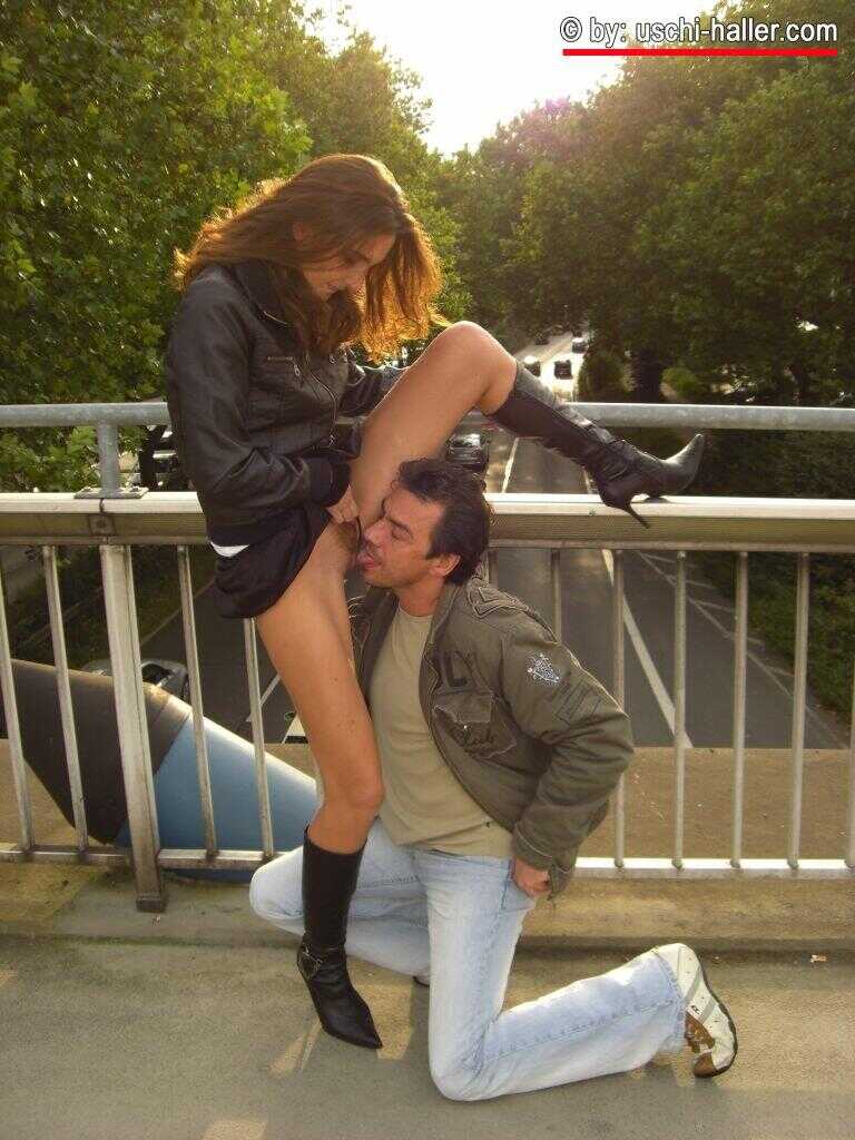 German thigh high boot-loving couple Berichte and Danny have sex on a footpath over a roadway while getting caught in the ...