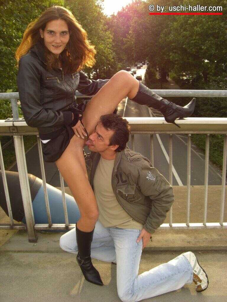 German thigh high boot-loving couple Berichte and Danny have sex on a footpath over a roadway while getting caught in the ...