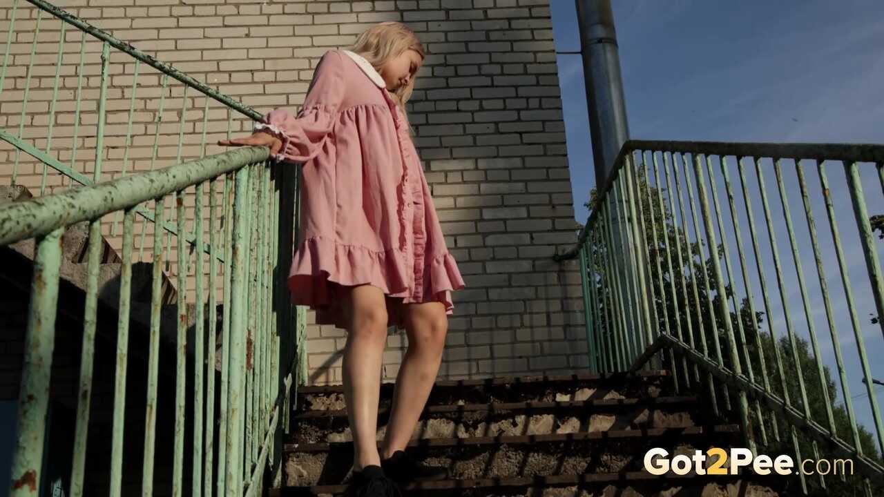 Sexy Blonde Lina Takes A Desperately Needed Pee On The Iron Stairs In Public No Panties! - Lina