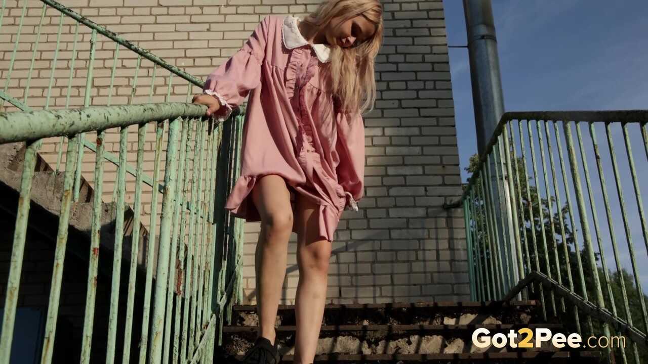 Sexy Blonde Lina Takes A Desperately Needed Pee On The Iron Stairs In Public No Panties! - Lina