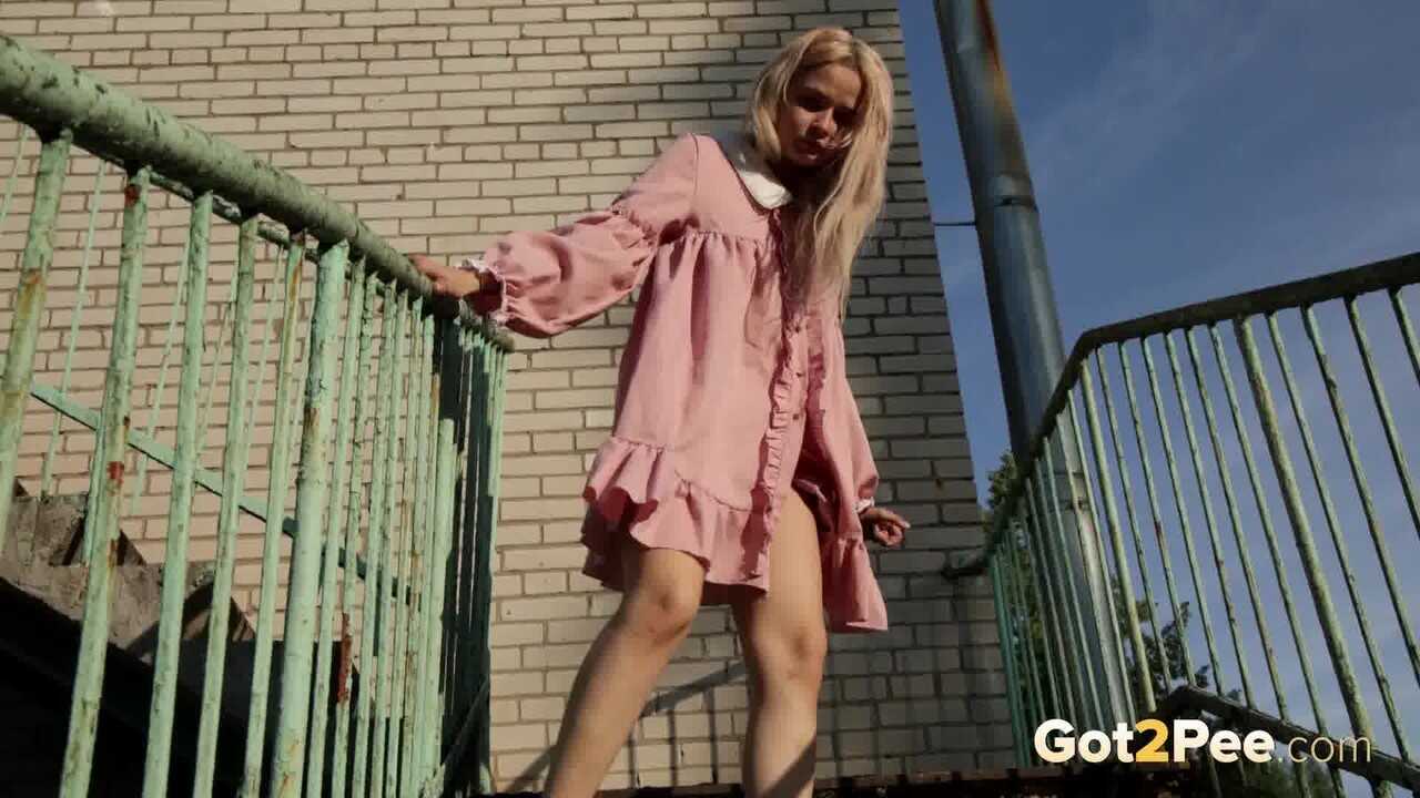 Sexy Blonde Lina Takes A Desperately Needed Pee On The Iron Stairs In Public No Panties! - Lina