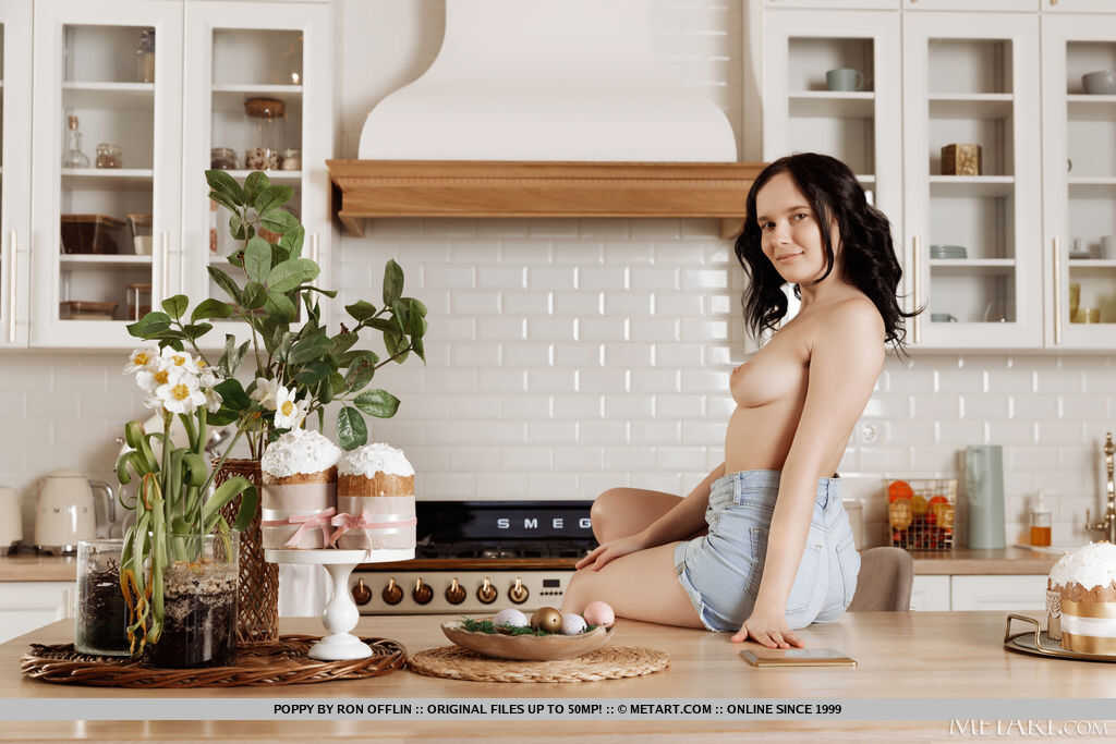 Brunette teen Poppy gets totally naked on a kitchen counter  turns into  Hairy Brunette teen Poppy's naked adventure ...