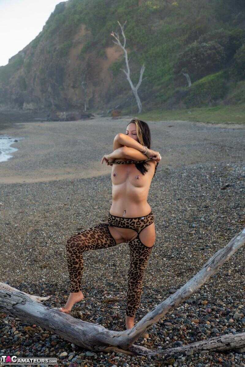 Sexy MILF Roxeanne's Driftwood Adventure Animal Print Hosiery and Nude Moments on the Beach! - Roxeanne