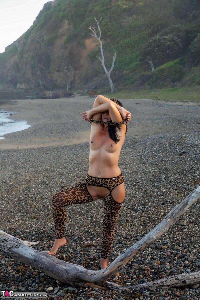 Sexy MILF Roxeanne's Driftwood Adventure Animal Print Hosiery and Nude Moments on the Beach! - Roxeanne