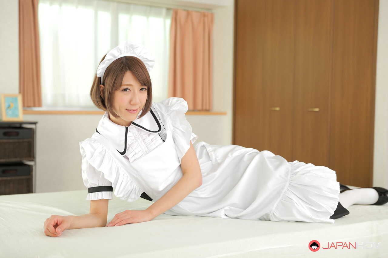 Erina Takigawa's Naughty Japanese Maid Upskirt and Pussy Exposure on a Bed of White Knee Socks and Heels - Erina Taki...