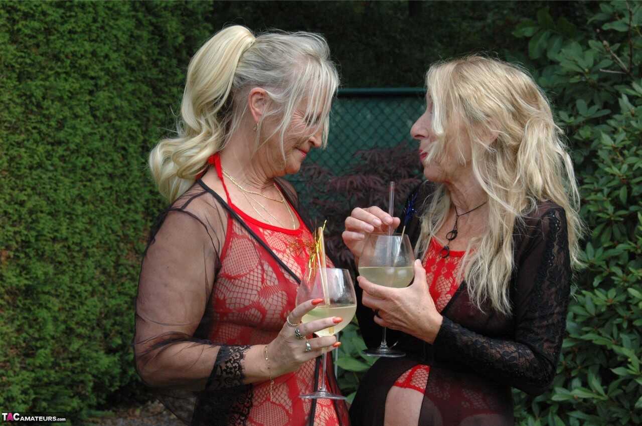 Nylon Goddess: Kyra's Older Blonde Women Share a Passionate Lesbian Kiss in the Backyard Setting - Kyras Nylons
