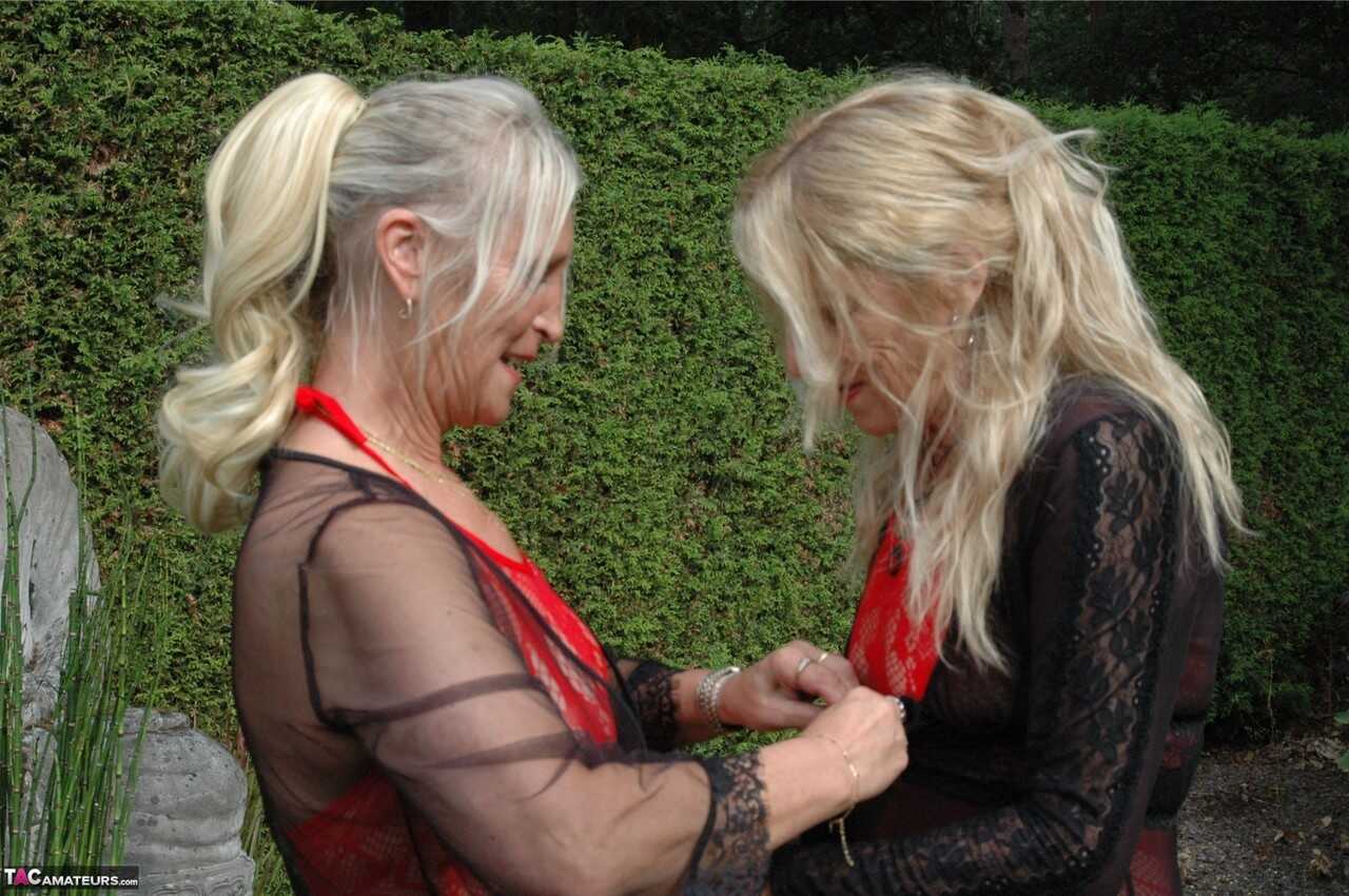 Nylon Goddess: Kyra's Older Blonde Women Share a Passionate Lesbian Kiss in the Backyard Setting - Kyras Nylons