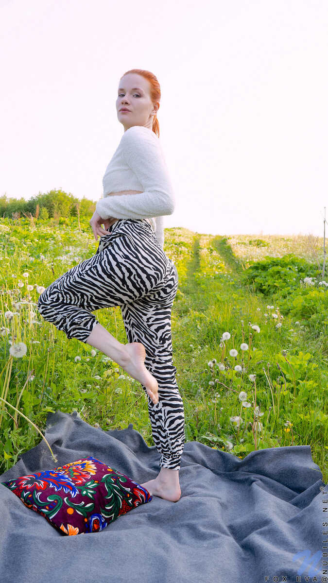 Pale redhead Fox Eva gets off with her trusty vibrator under the shady trees